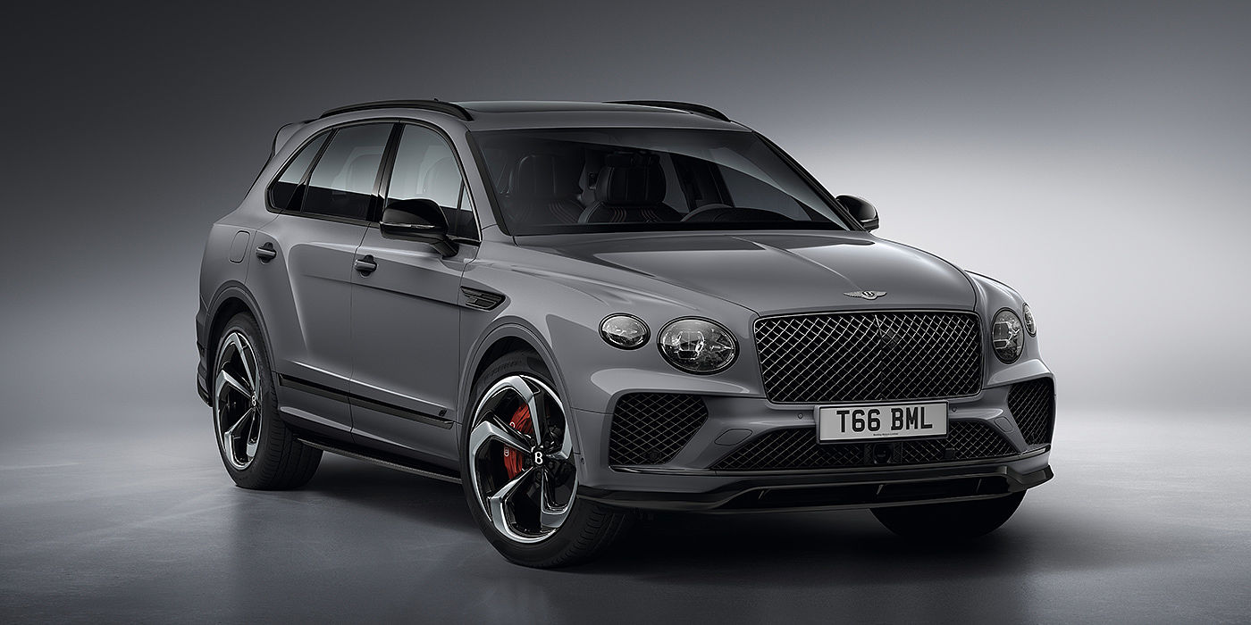Bentley Chengdu - Jinniu Bentley Bentayga S in Cambrian Grey paint front three - quarter view with dark chrome matrix grille and featuring elliptical LED matrix headlights. 