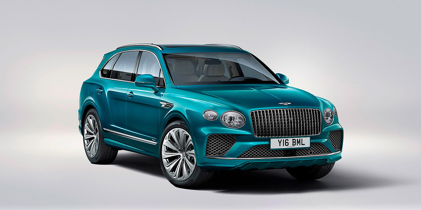 Bentley Chengdu - Jinniu Bentley Bentayga Azure front three-quarter view, featuring a fluted chrome grille with a matrix lower grille and chrome accents in Topaz blue paint.