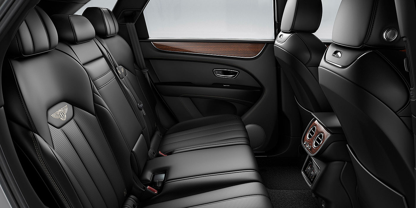 Bentley Chengdu - Jinniu Bentey Bentayga interior view for rear passengers with Beluga black hide.