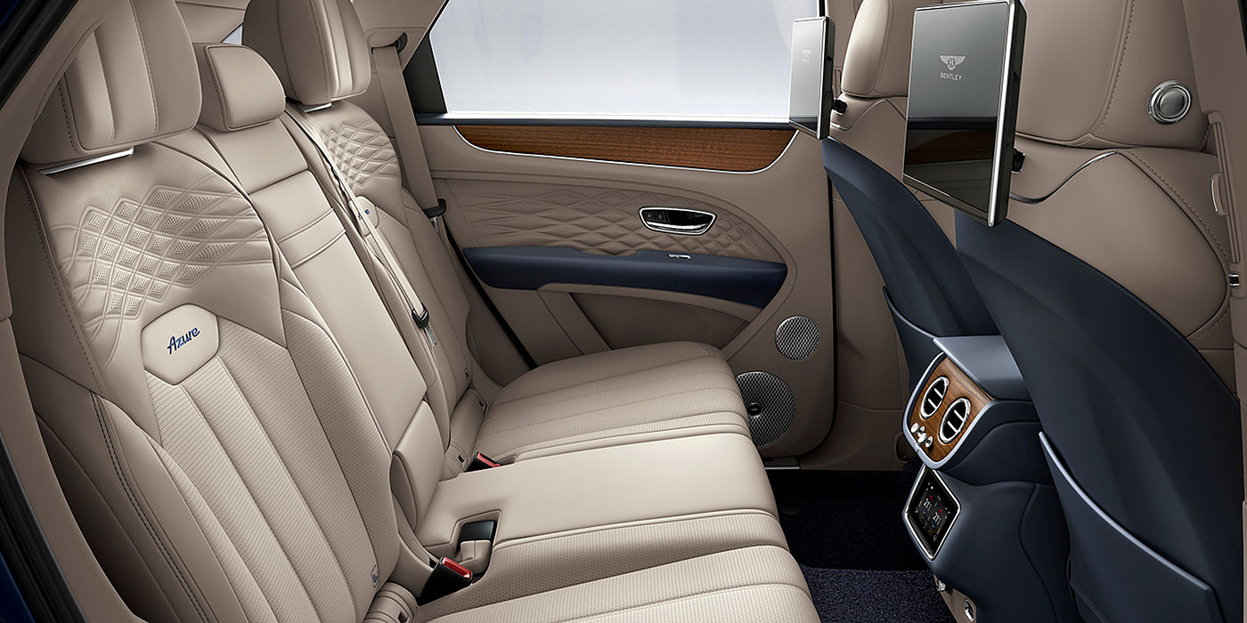 Bentley Chengdu - Jinniu Bentey Bentayga Azure interior view for rear passengers with Portland hide and Rear Seat Entertainment. 